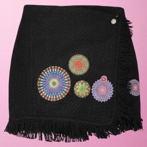 Desigual Dresses & Skirts - 🎀DESIGUAL🎀Black Bouclé Skirt, Fringe Hem🎀Mandala Embellishments🎀EU 36/US 4🎀